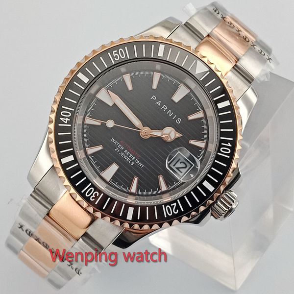 

luxury 41mm gold plated watch black dial sapphire glass luminous ceramic bezel miyota automatic wristwatch men e2630, Slivery;brown