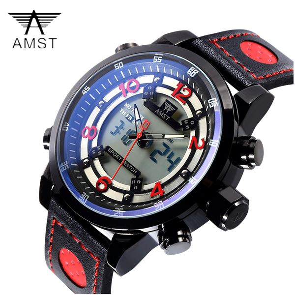 

amst watches waterproof led digital watch leather strap men's sports watch s clock relogio masculino, Slivery;brown