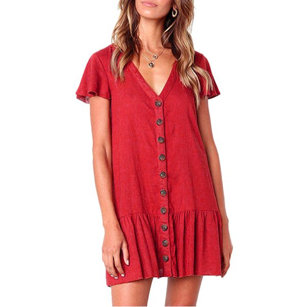 

new summer women dress v-neck short sleeve button ruffles dress casual female solid loose mini dresses sundress vestidos, White;black