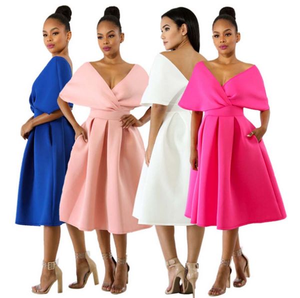 

Women Pleated Off Shoulder Backless High Waisted Banquet Formal Party Church Wedding Bridal Swing Midi Dress