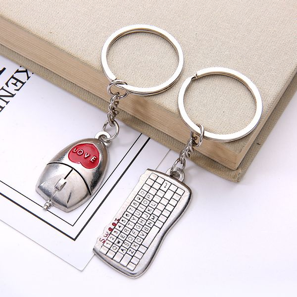 

wedding favors keychains couple mouse and keyboard keychain lovers metal love heart keyring valentine's day gift with card, Silver