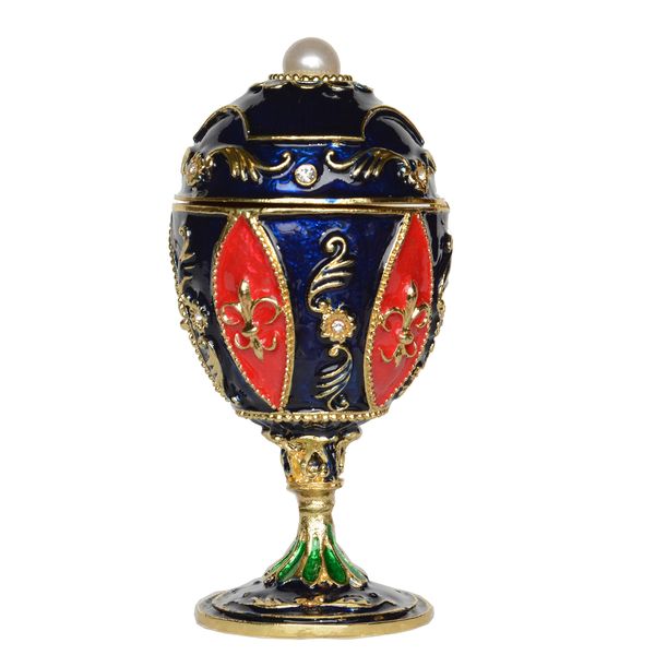 

enameled hand painted faberge style egg with fleur de leis design trinket jewelry box pewter ornament home decor, Black;white