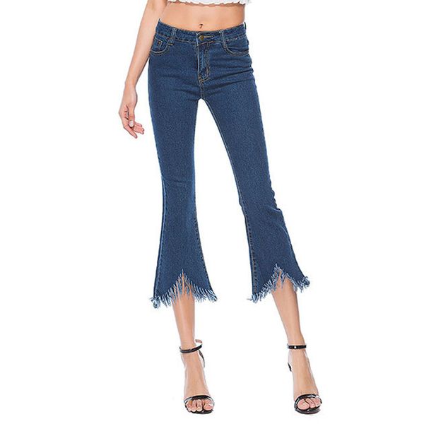 

klv 2018 new women pants denim fashion women skinny bell-bottoms denim jeans stretch slim pants calf length trousers, Blue