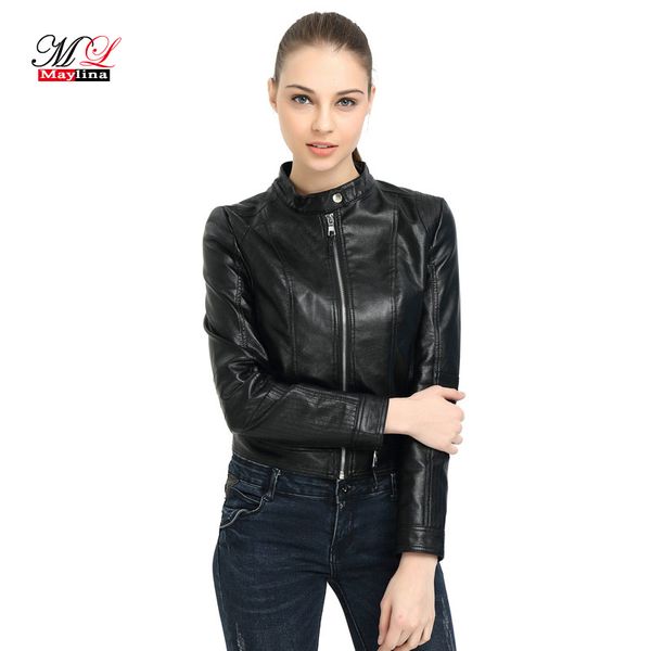 

maylina autumn pu faux leather biker jacket women new slim short fashion invierno coat mujer motorcycle ladies' leather jacket, Black