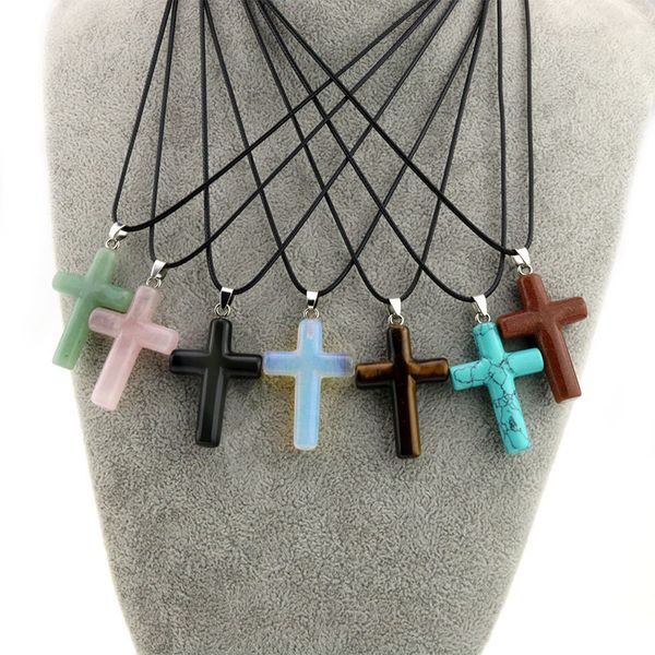 

natural stone tiger eye cross quartz pendant chakra necklace leather stainless steel chain opal blue pink crystal necklace, Silver