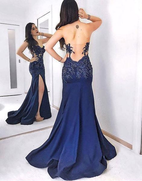 

2018 dark navy sweetheart prom dresses lace appliques mermaid side split evening gowns illusion back prom gowns ba7581, Black