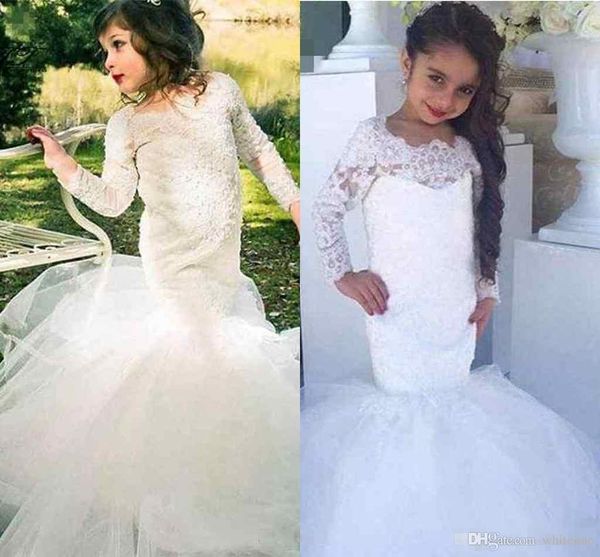 Marfim Branco Rendas Sereia Do Casamento Vestidos Da Menina de Flor Sheer Mangas Compridas Plus Size Formal Little Kids Comunhão Vestidos de Festa de Aniversário