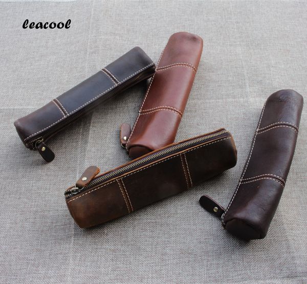 

Leacool Vintage Crazy Horse Leather Handmade Leather Men Women Children Long Zipper Pen Pencil Bag Bags Holder Holders Tool Case