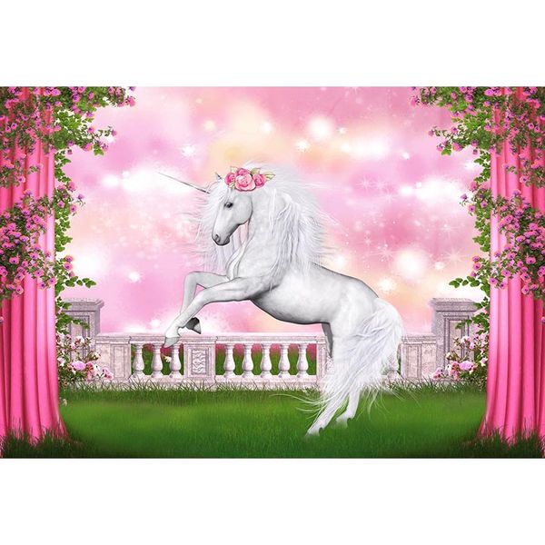Fondale per la festa di compleanno dell'unicorno della neonata Punti Bokeh Tende rosa Fiori Viti verdi Fondali fotografia per bambini Fiaba