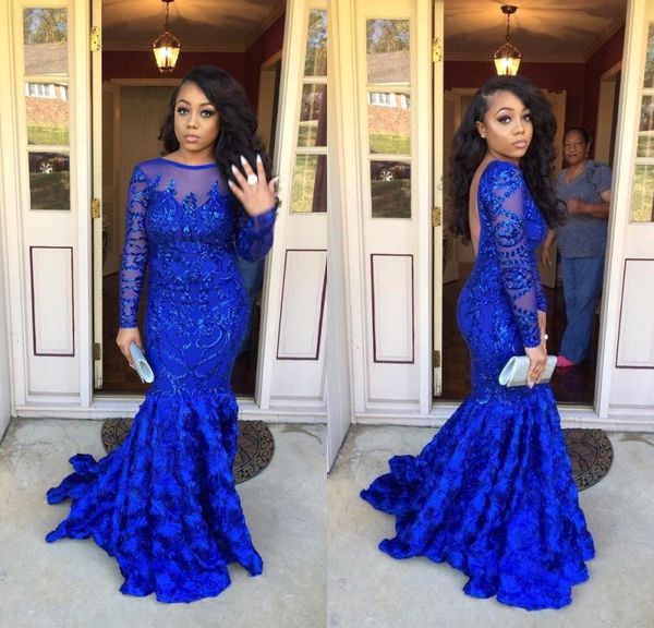 

2018 gorgeous royal blue mermaid prom dresses for black girl beaded sequins long sleeves tired ruffled prom gowns women evening party dress