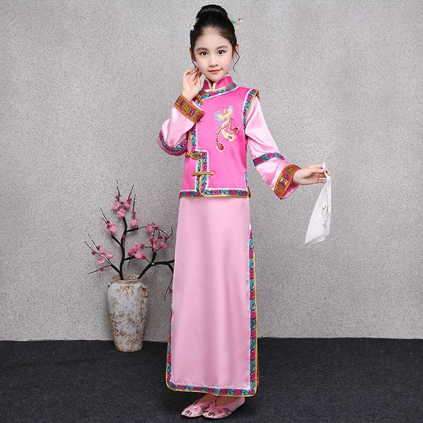

chinese hanfu dress fairy folk dance costumes for kids vintage traditional chinese ancient costume stage performance dress, Black;red