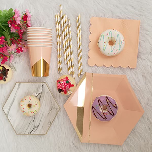 

44pcs/set pink blue foil gold party supplies disposable tableware sets paper plate cups napkins for gender reveal wedding decor