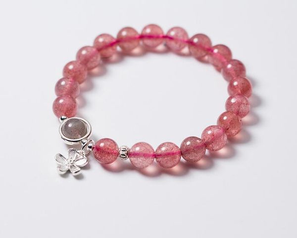 

8mm 100% real. 925 sterling silver fine jewelry natural strawberry quartz stone& moonstone with flower charms bracelet gtls601, Golden;silver
