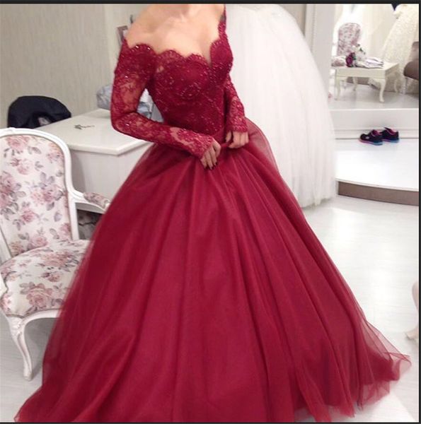 

off the shoulder long sleeves prom dress lace bodice with crystals soft tulle evening gowns lace up back, Black