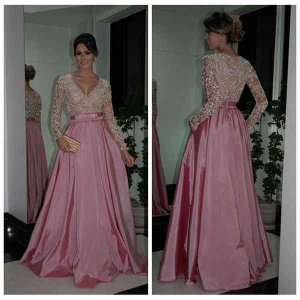 

crystal beaded formal evening dresses 2018 celebrity party gowns pink peach formal plus size vintage prom gowns modest long sleeves, Black;red