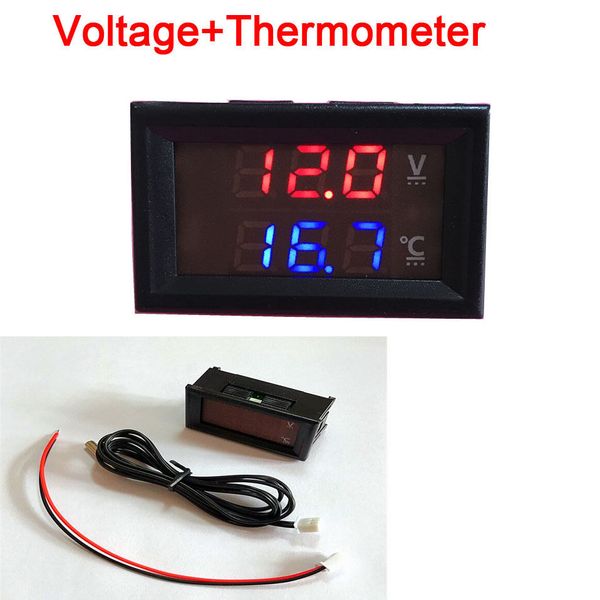 Freeshipping DC 12V 24V ROT + grünes LED-Digitalthermometer -50 ~ 125C Temperaturmesser + Spannungsvoltmeter für Auto/Wasser/Luft/Innen/Außen