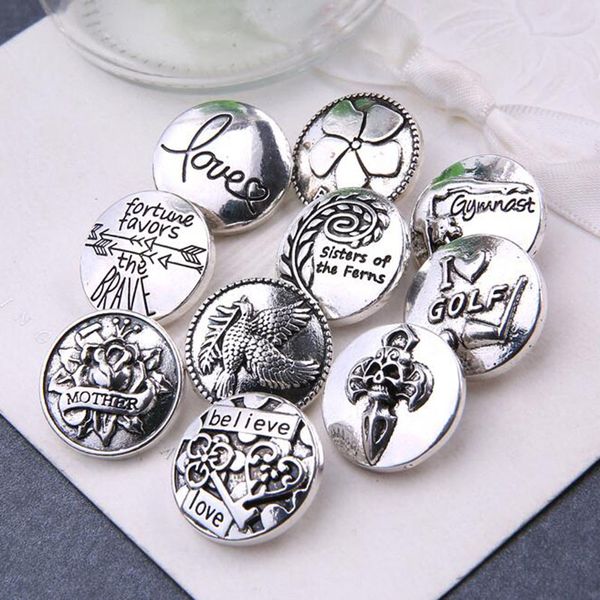 

10pcslot new snap jewelry 10 designs silver round metal 18mm snap buttons fit 18mm snap bracelet bangles, Bronze;silver