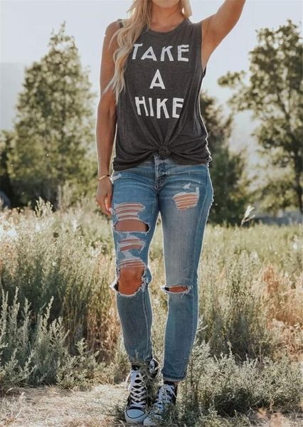 

tank women summer take a hike letter print o-neck tank 2018 female sleeveless casual t shirt dark grey ladies tee, White