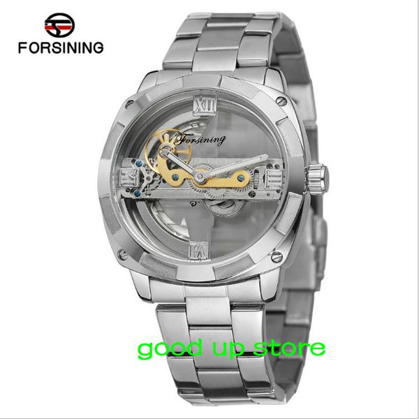 

forsining 41mm men's mechanical watch hollow through the bottom stainless steel table black golden steel for choose, Slivery;brown