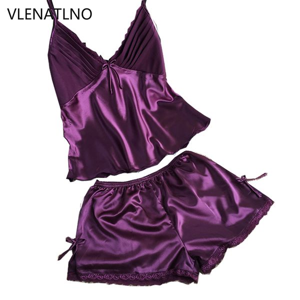 

2019 summer style pajamas sets women female sleep set women's deep v-neck spaghetti strap shorts sleepwear silk homewear s1015, Red;black