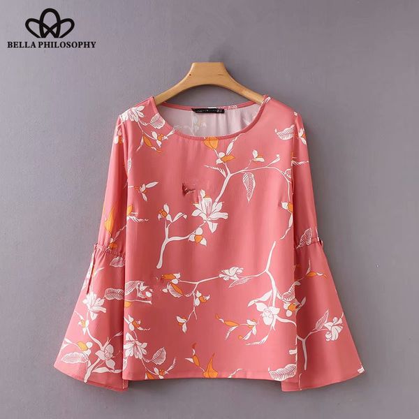 

wonder 2018 women vintage o neck floral print casual slim elegant chic blouse shirt women flare sleeve bowknot brand blusas, White