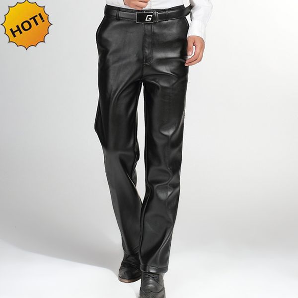 

winter 2017 indoor fleece thicken casual business black straight slim fit pu leather wool middle-aged men warm plus size 29-45