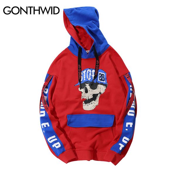 

gonthwid sleeve ribbon skull printed hoodies men streetwear 2018 autumn color block patchwork hooded sweatshirts harajuku hoodie, Black