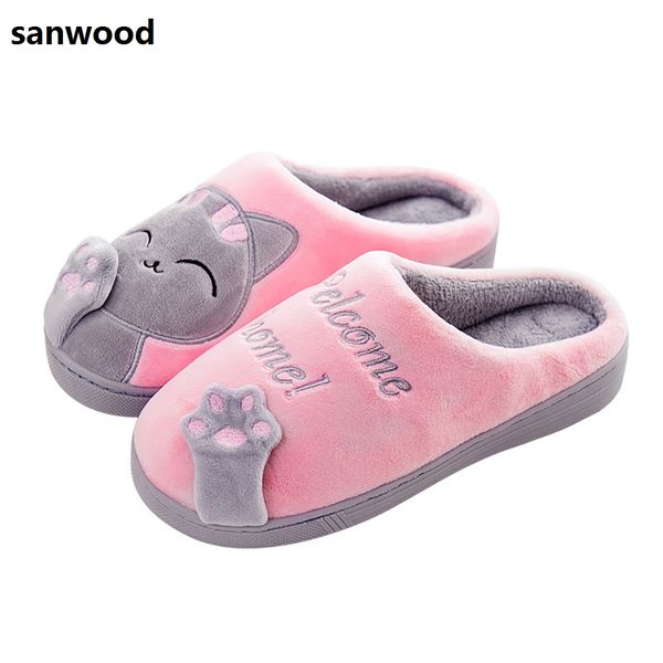 

cute plush cartoon cat home slippers warm bedroom indoor women's floor shoes, Black
