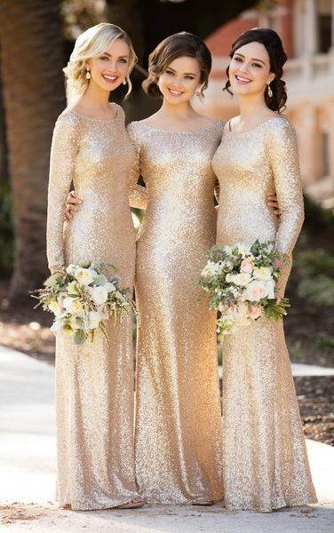 

champagne sequined bridesmaid dresses long sleeves bateau neck mermaid maid of honor gowns floor length backless country wedding guest dress, White;pink