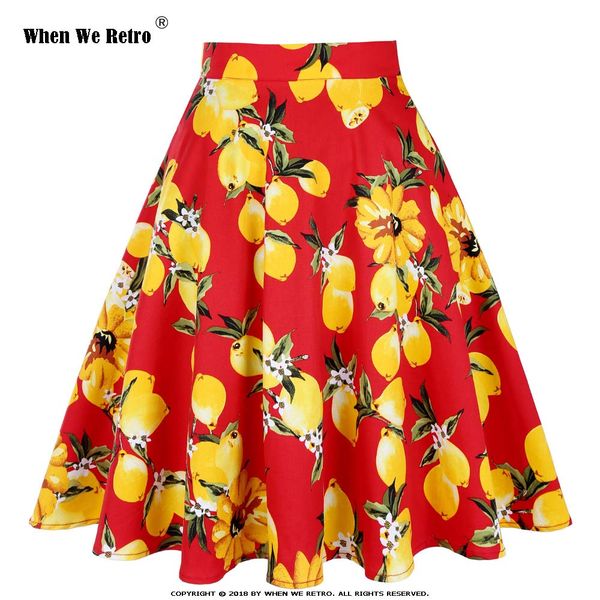 

when we retro women lemon skirts red bottom yellow lemon printed high waist swing rockabilly pleated midi skirts a line, Black