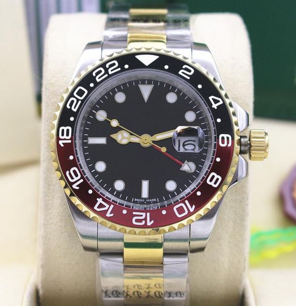 

elling style gmt work red black ceramic bezel 40mm mens watch 18k yellow gold steel 16710 asia 2813 movement automatic mens wristwatches, Slivery;brown