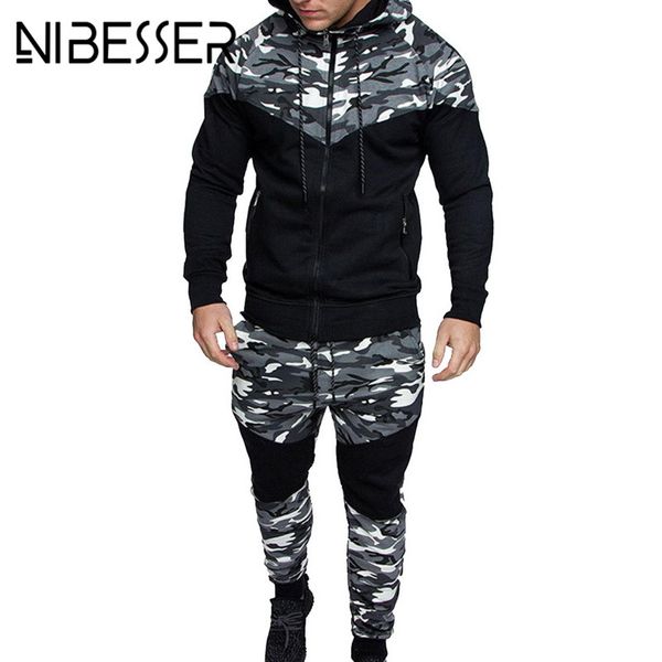 

nibesser plus size men set causal camouflage print patchwork jacket mens 2pc tracksuit sportwear hoodies sweatshirt pants suit, Gray