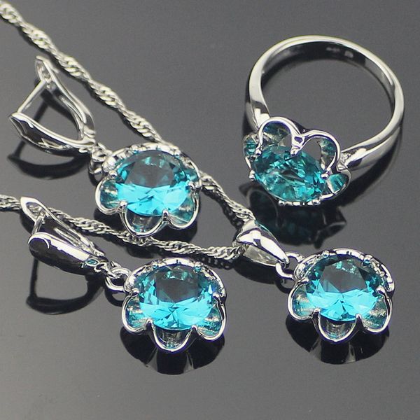 

whole salebridal silver 925 costume blue zircon jewelry sets for women pendant necklace earrings with stones rings set jewellery gift box, Slivery;golden