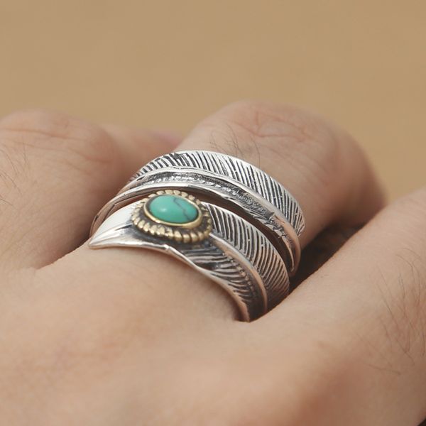 

brand new 925 sterling silver fashion jewelry-sterling silver feather with turqoise semi precious stone in bezel adjustable opoen ring, Golden;silver