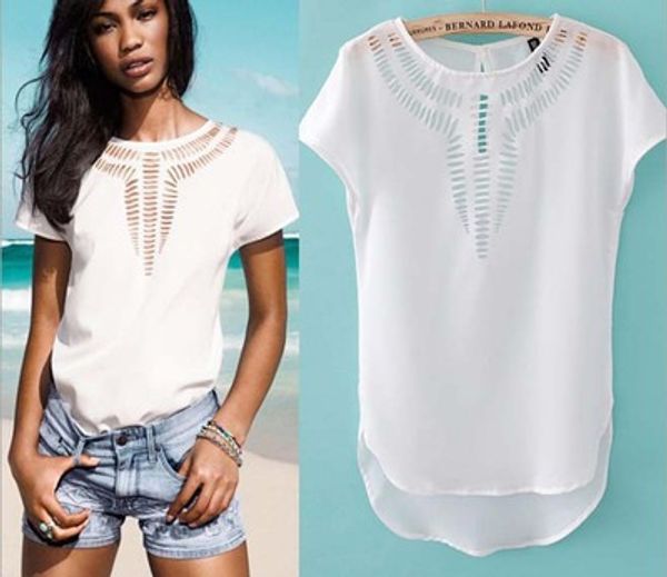 

new summer women chiffon round neck short sleeve blouse casual hollow out lady shirt 6 colors ld, White