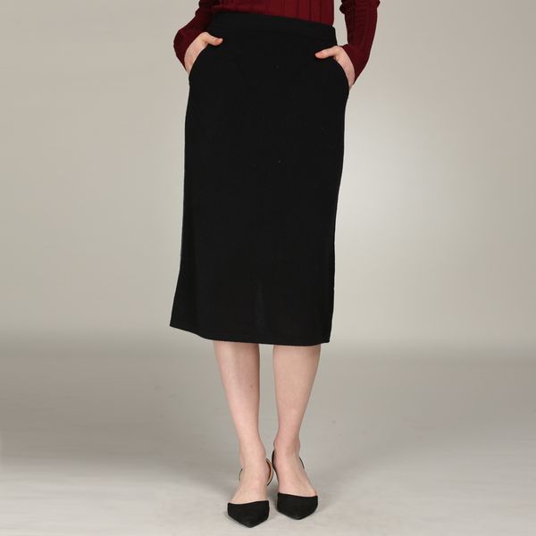 

2018 new 100% pure cashmere skirts autumn winter striped women knee-length knitted sweater skirt with pocket, Black