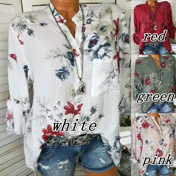 

5xl 5 colors summer women floral print chiffon shirts long sleeve v neck casual plus size blouse, White