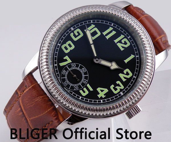 

44mm black sterile dial stainless steel non-rotatable bezel mechanical luminous pointer 17 jewels 6498 movement men's watch p152, Slivery;brown