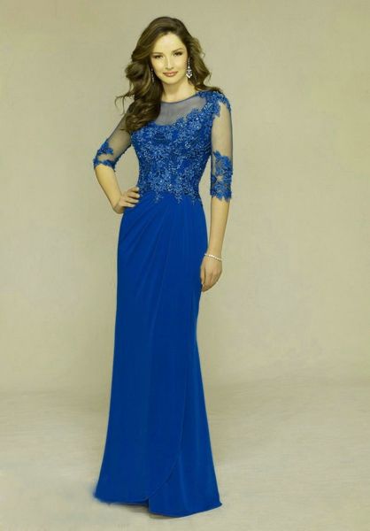 

royal blue 3/4 sleeve sheath mother of the bride dress chiffon lace beads glitters formal evening gown custom made sheer elegant, Black;red