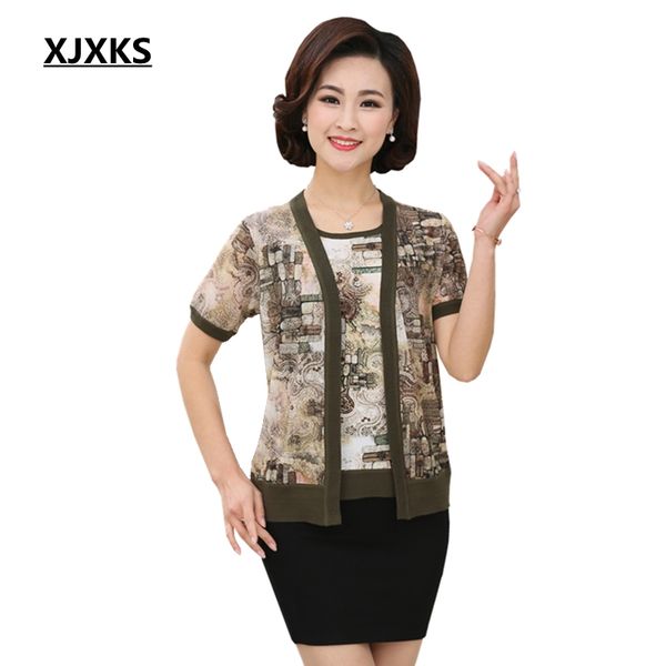 

xjxks new arrivals 2017 summer women t-shirts fashion leisure fake two piece knitted t-shirt retro print plus size mother, White