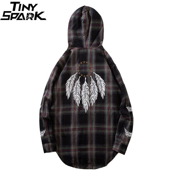 

men hip hop hoodie plaid shirt print star feather sleeve long shirt checkered streetwear autumn 2018 casual cotton flannel, White;black