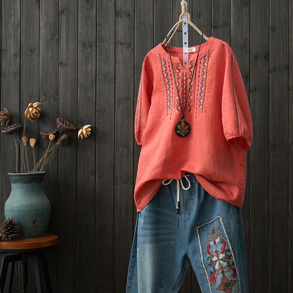 

national wind summer new cotton and linen national wind round neck pullover embroidered linen short-sleeved t-shirt shirt women, White