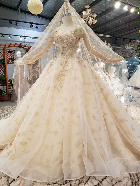 

light champagne wedding dresses with wedding veil pure new off shoulder sweetheart golden lace shiny wedding gowns 2019 style, White