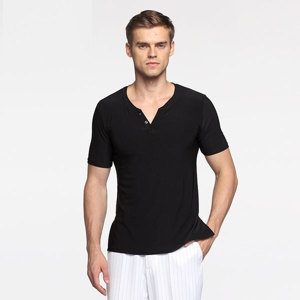 

male short sleeves modern dance costumes men's training costume standard dance shirt ballroom shirt practice, Black;red