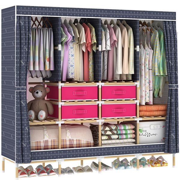 

hhaini huge wooden portable closet 4 rods bedroom wardrobe storage rack kit, long hanging space, 4 storage boxes