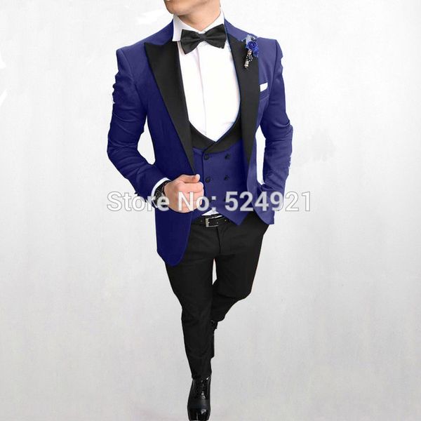 Новое прибытие Groomsmen Royal Blue Groom Tuxedos Пик черный отворот Мужские костюмы Свадебные Шафер (куртка Жених + брюки + жилет + Bow Tie) L215