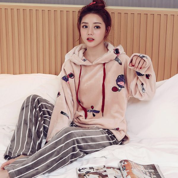 

women pajama sets coral velvet pajamas women winter sweet cute cartoon hooded thick warm flannel autumn home service suit, Blue;gray
