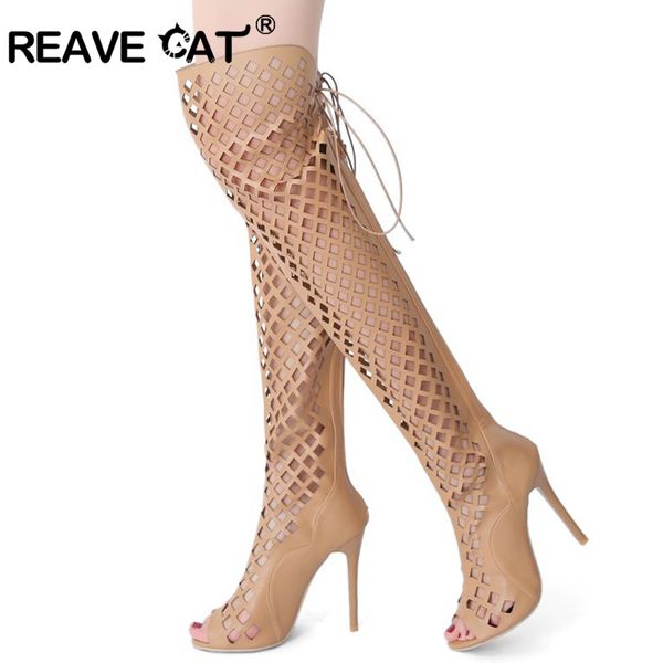 

reave cat thigh high gladiator boots women summer boots high heels shoes peep toe cutouts over the knee botas rl3364, Black