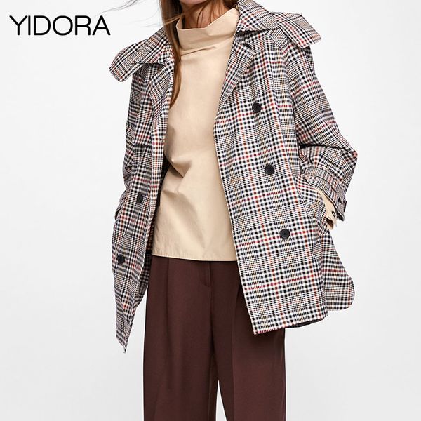 

yidora stylish 2018 long sleeve collared check trench coat hooded & a-line silhouette - ladies double-breasted plaid trench coat, Tan;black