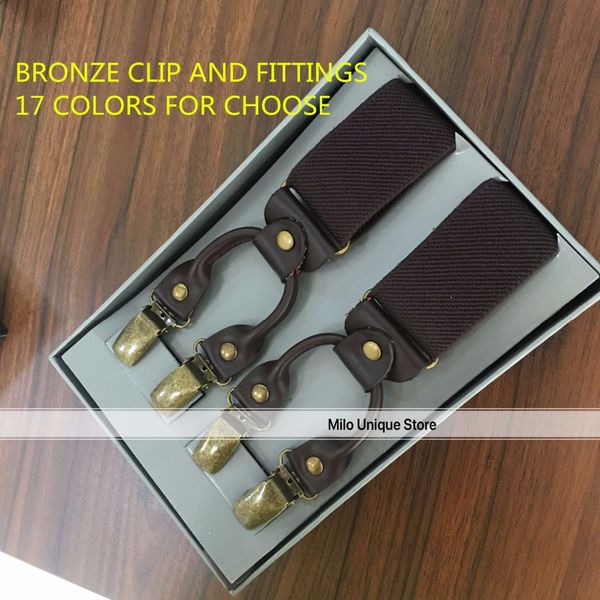 

20% off order before 8th august mens genuine leather vintage 6clips bronze fittings suspender braces colorful 3.5cm width, Black;white
